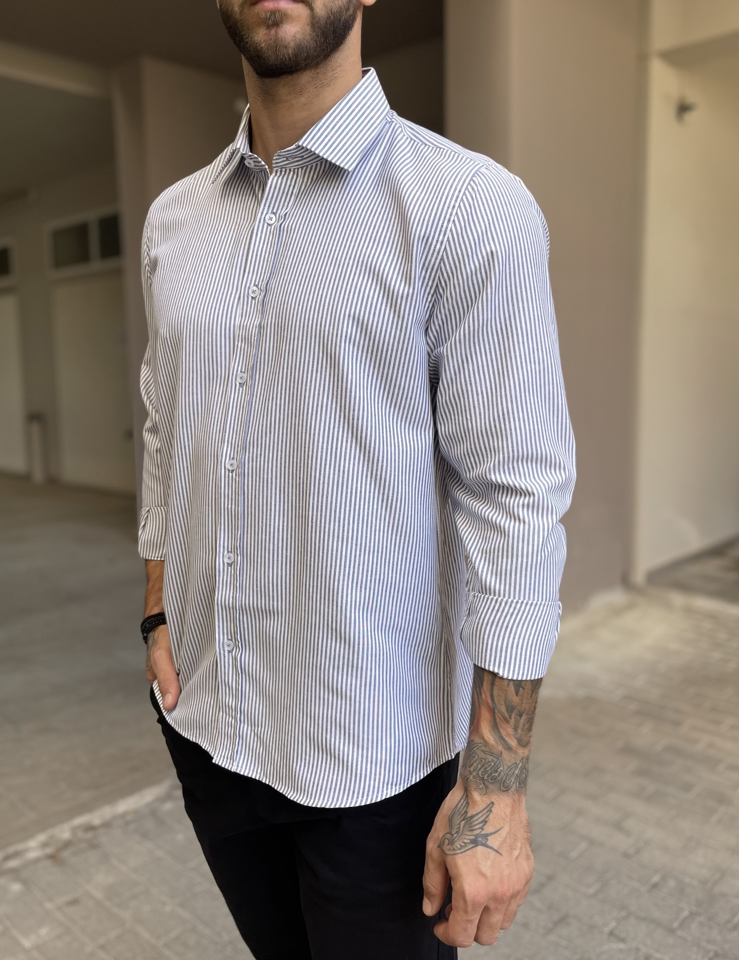 Ανδρικό πουκάμισο με γιακά λευκό με μπλε ρίγα 2097B φωτογραφία